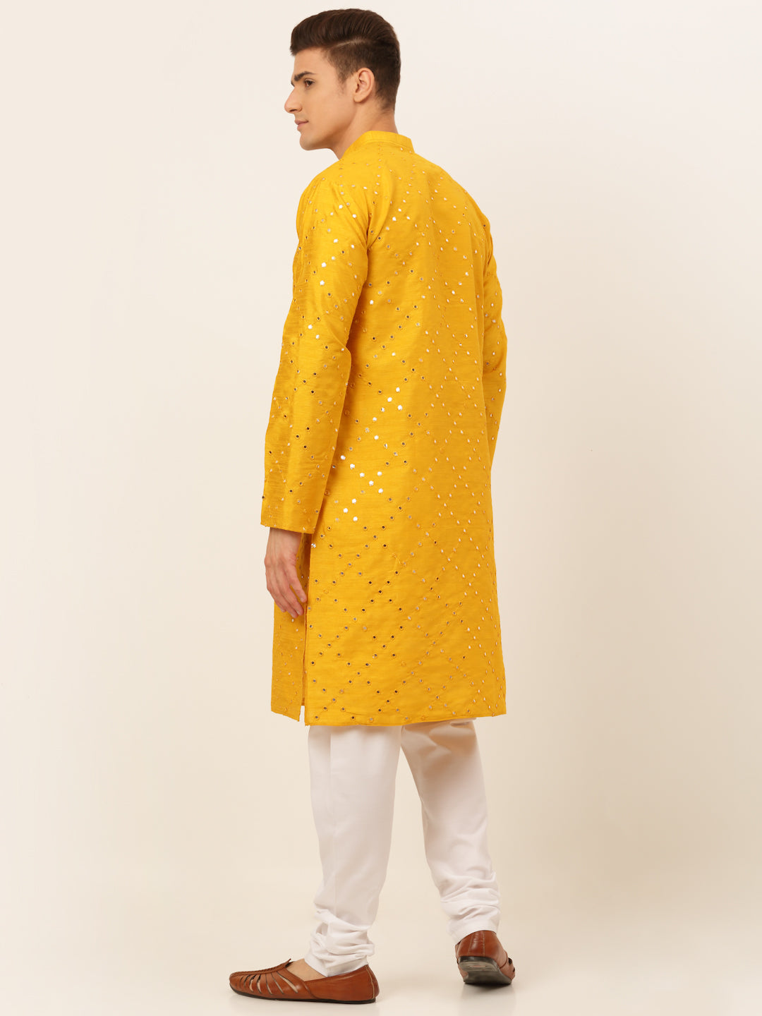 Jompers Men's Dupion Silk Embroidered Kurta Pyjama Set - Mustard | Grocsy