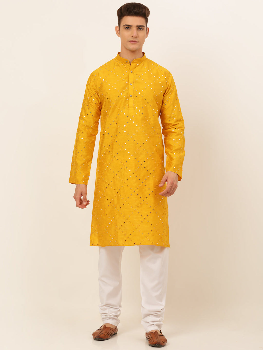 Jompers Men's Dupion Silk Embroidered Kurta Pyjama Set - Mustard | Grocsy