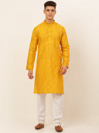 Jompers Men's Dupion Silk Embroidered Kurta Pyjama Set - Mustard | Grocsy