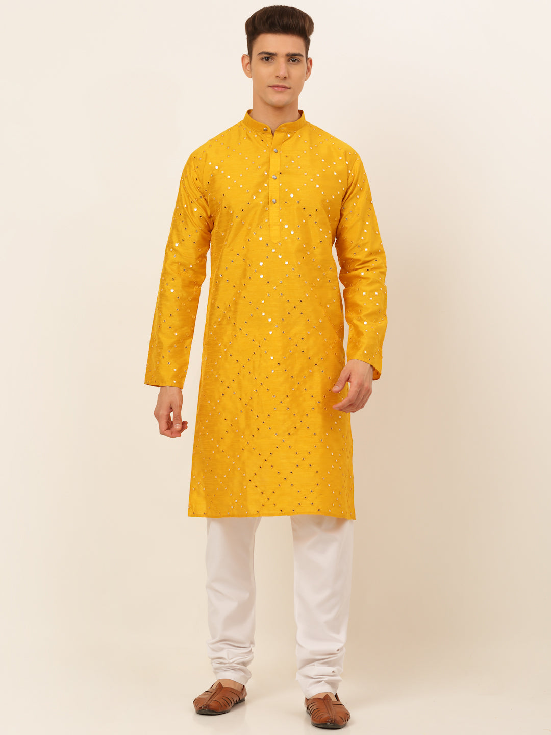 Jompers Men's Dupion Silk Embroidered Kurta Pyjama Set - Mustard | Grocsy