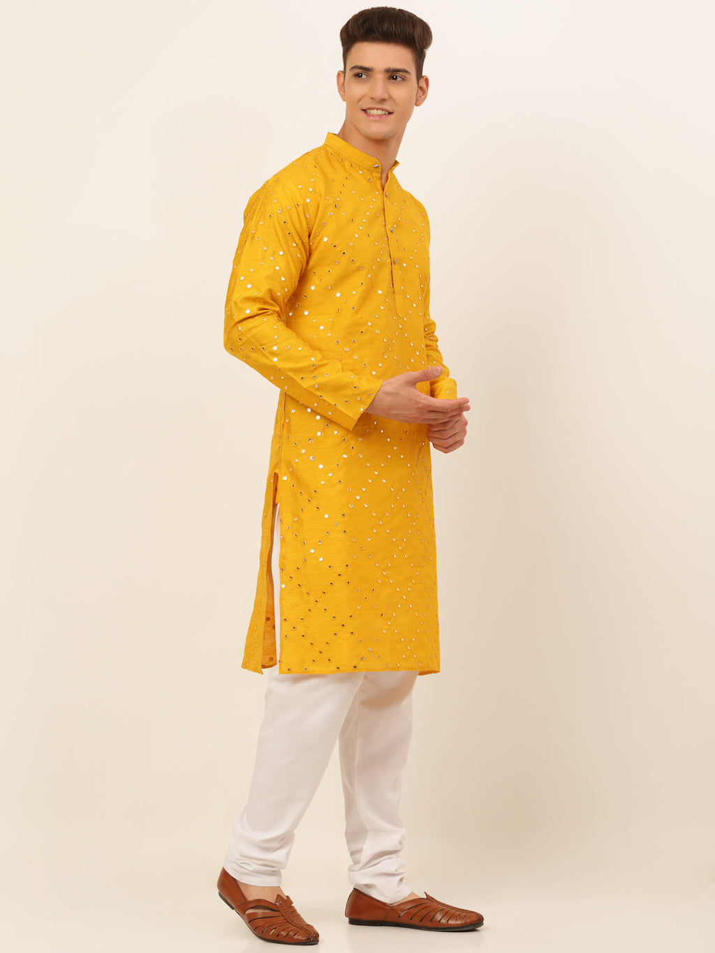 Jompers Men's Dupion Silk Embroidered Kurta Pyjama Set - Mustard | Grocsy