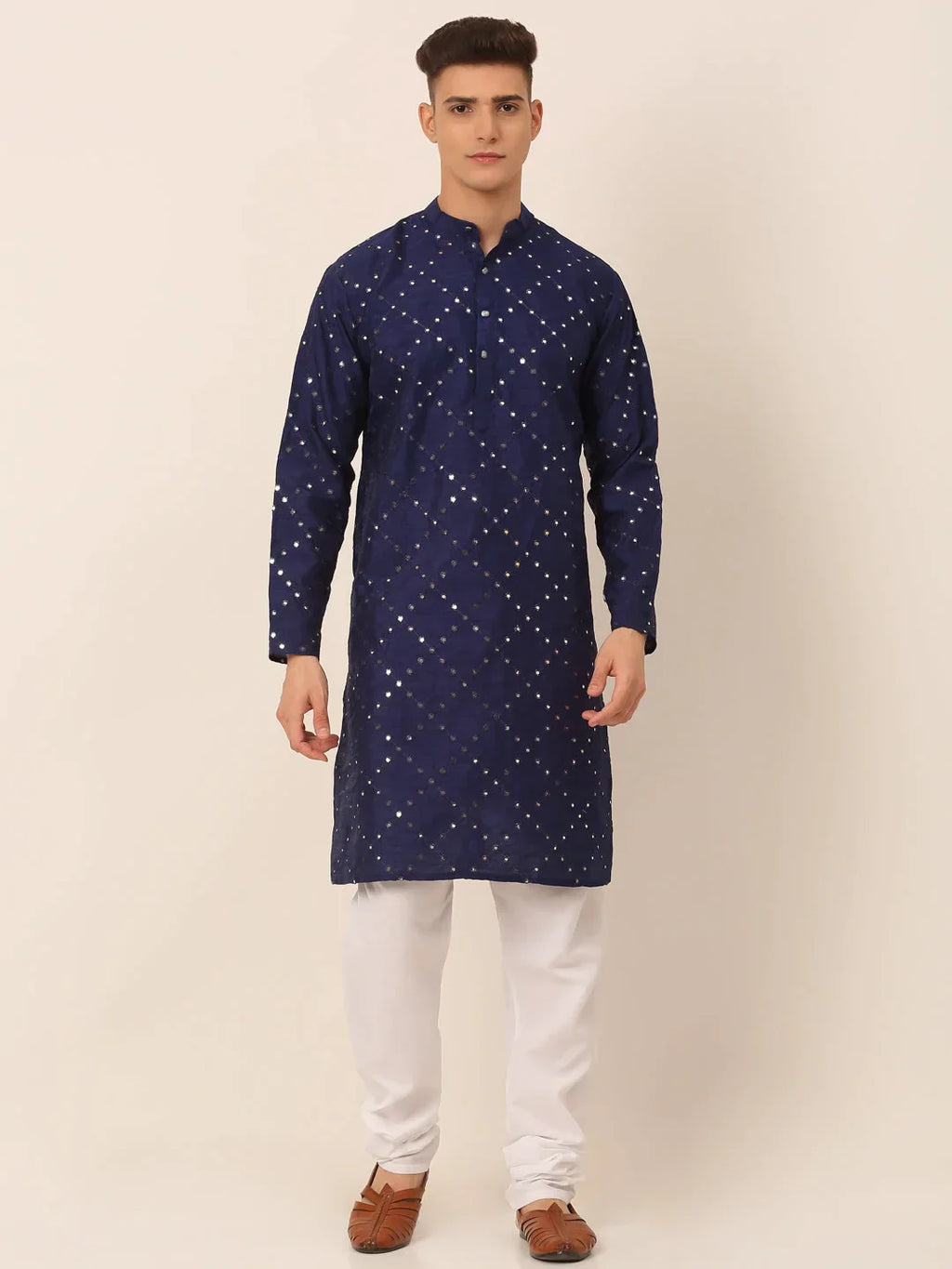 Jompers Men's Navy Blue Mirror Work Kurta Pyjama | Grocsy