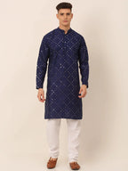 Jompers Men's Navy Blue Mirror Work Kurta Pyjama | Grocsy