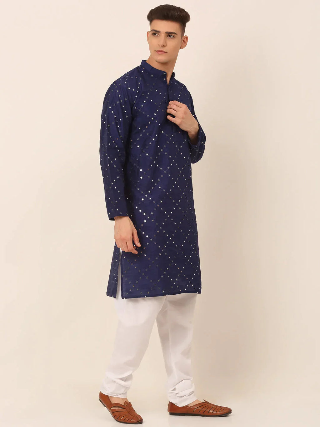 Jompers Men's Navy Blue Mirror Work Kurta Pyjama | Grocsy