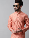 Jompers Men's Peach Embroidered Mirror Work Dupion Silk Kurta with Pyjamas | Grocsy