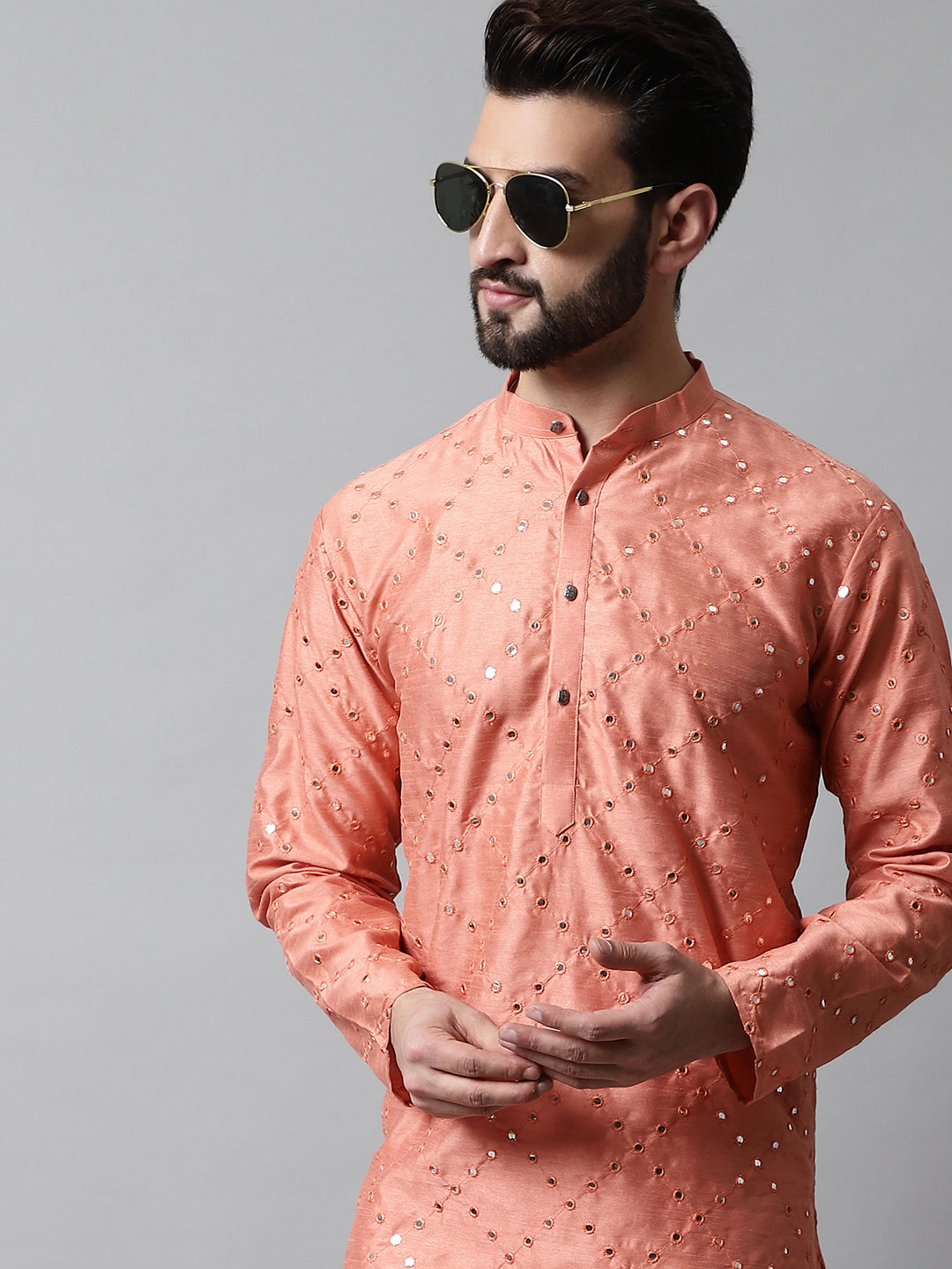 Jompers Men's Peach Embroidered Mirror Work Dupion Silk Kurta with Pyjamas | Grocsy