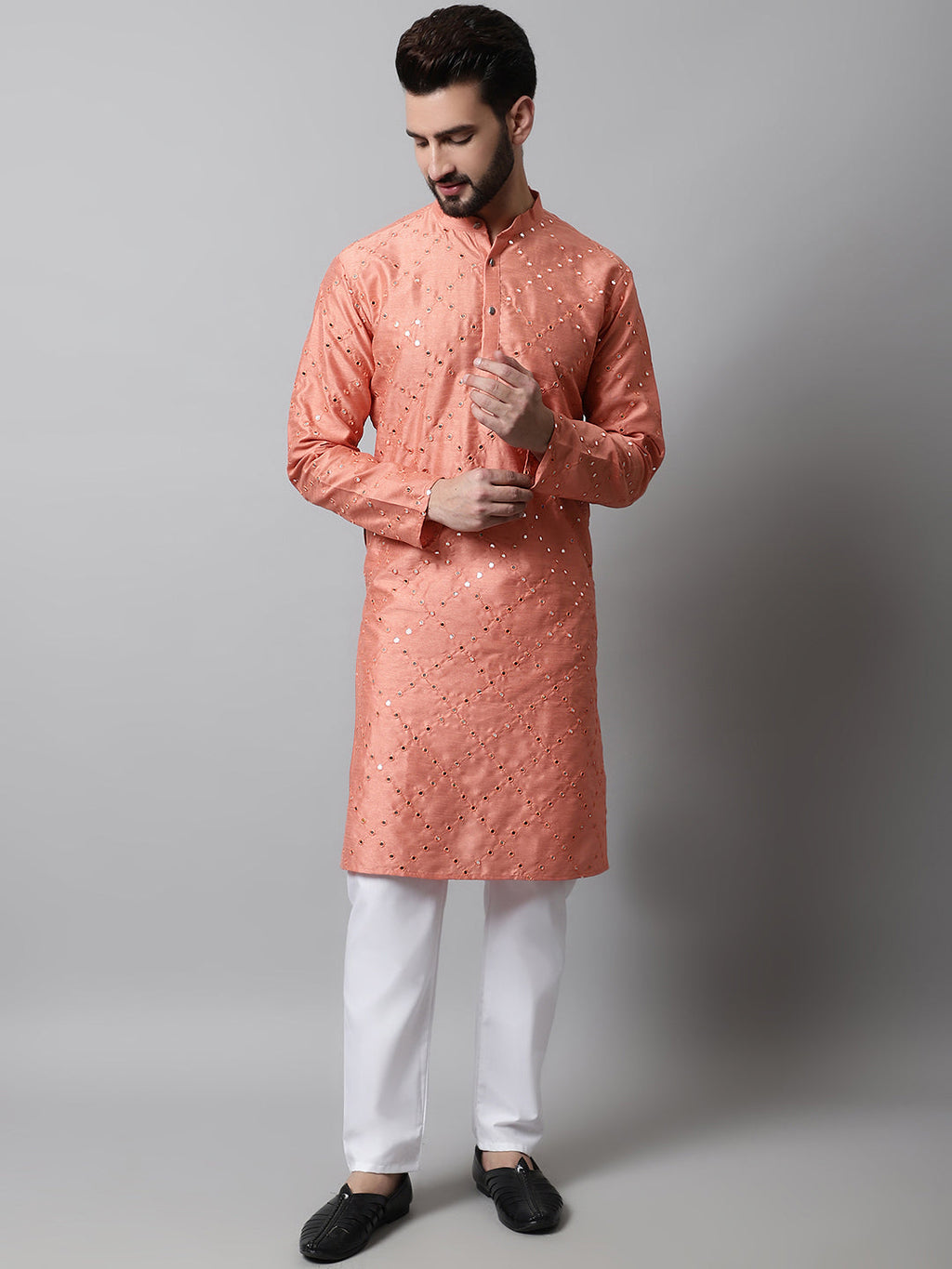 Jompers Men's Peach Embroidered Mirror Work Dupion Silk Kurta with Pyjamas | Grocsy