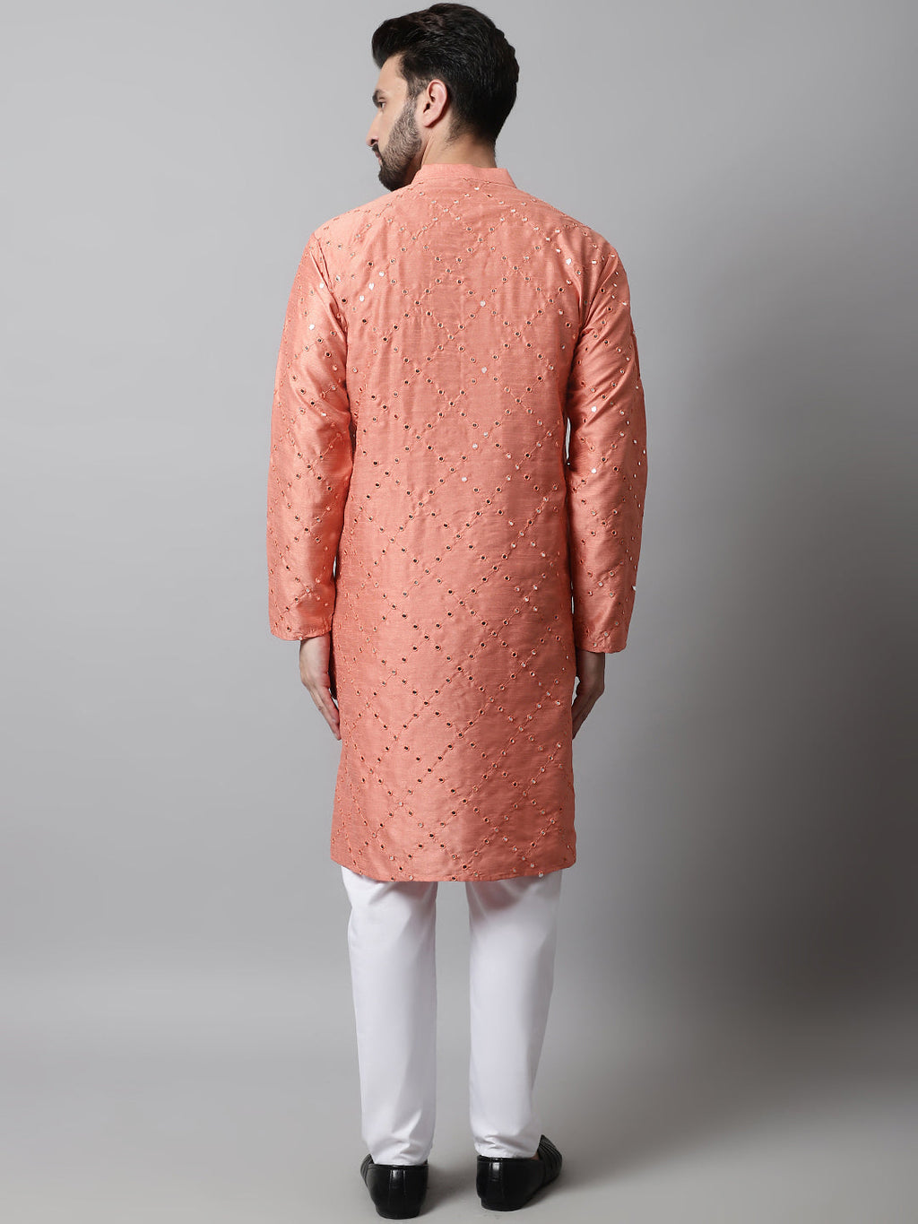 Jompers Men's Peach Embroidered Mirror Work Dupion Silk Kurta with Pyjamas | Grocsy