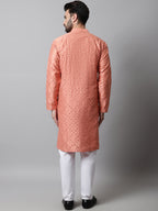Jompers Men's Peach Embroidered Mirror Work Dupion Silk Kurta with Pyjamas | Grocsy