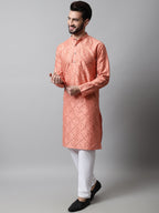 Jompers Men's Peach Embroidered Mirror Work Dupion Silk Kurta with Pyjamas | Grocsy