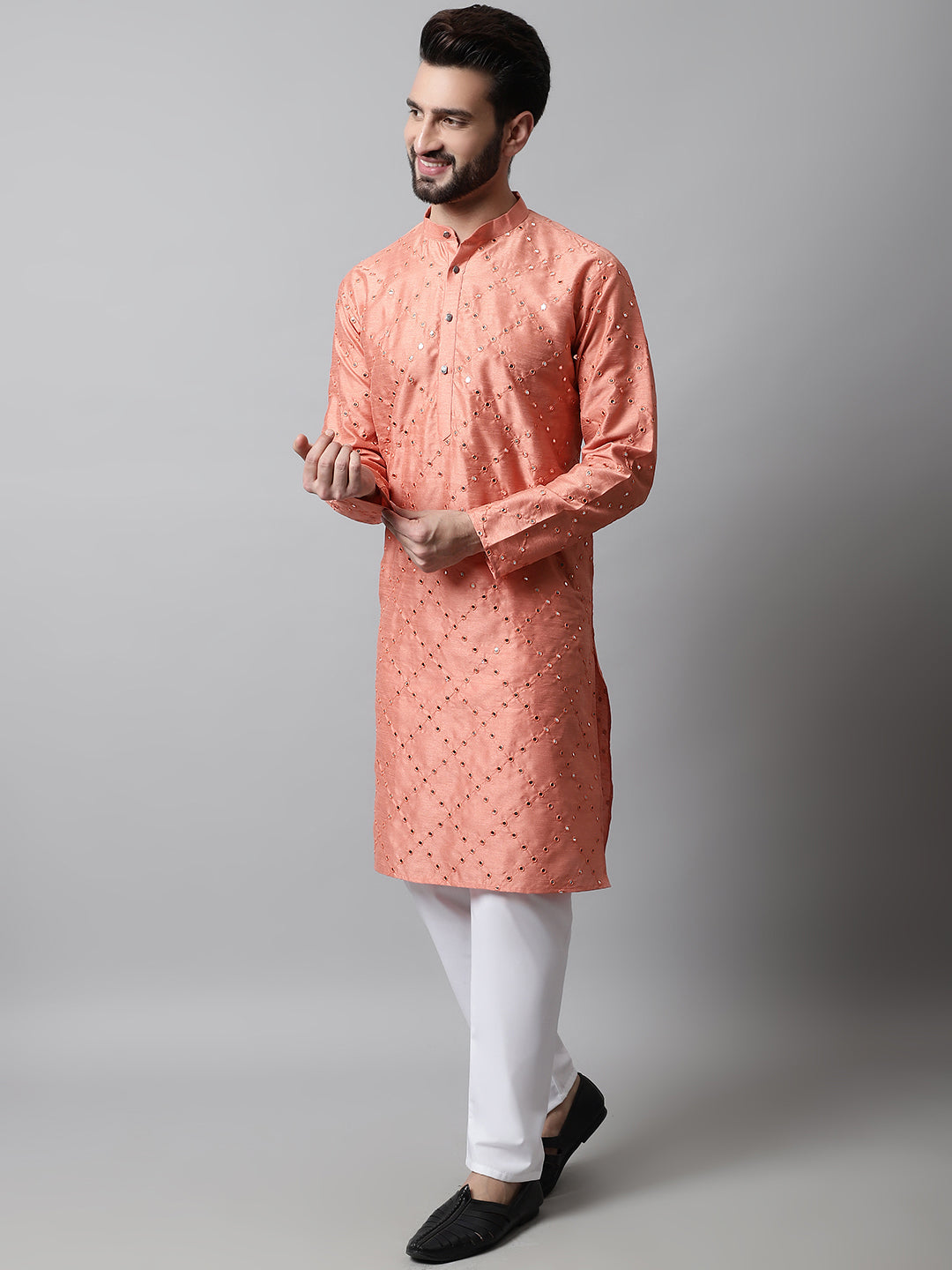 Jompers Men's Peach Embroidered Mirror Work Dupion Silk Kurta with Pyjamas | Grocsy
