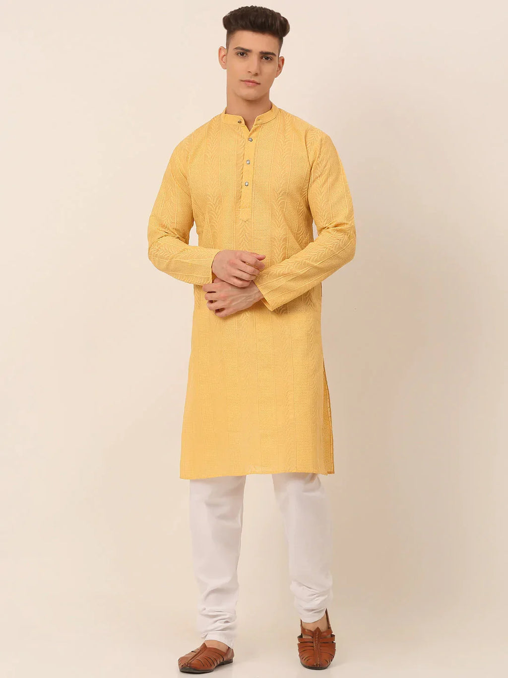 Jompers Men's Pure Cottom Embroidered Kurta Pyjama Set - Beige | Grocsy