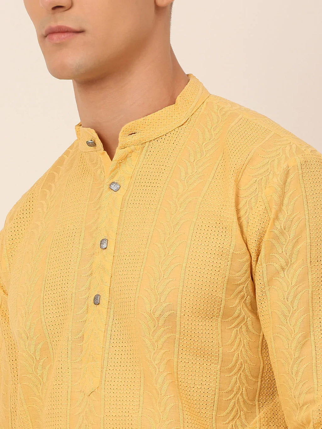 Jompers Men's Pure Cottom Embroidered Kurta Pyjama Set - Beige | Grocsy