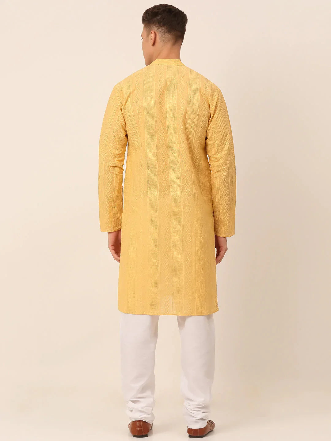 Jompers Men's Pure Cottom Embroidered Kurta Pyjama Set - Beige | Grocsy