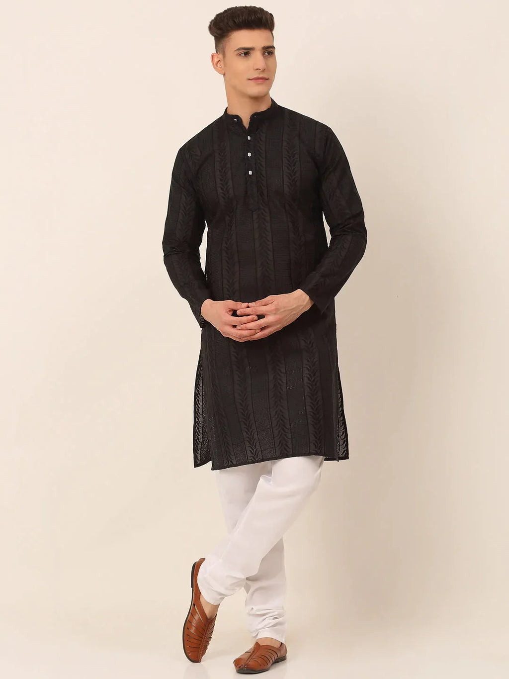 Jompers Men's Pure Cottom Embroidered Kurta Pyjama Set - Black | Grocsy