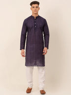 Jompers Men's Pure Cottom Embroidered Kurta Pyjama Set - Navy Blue | Grocsy