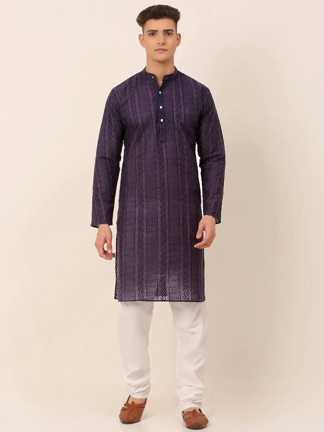 Jompers Men's Pure Cottom Embroidered Kurta Pyjama Set - Navy Blue | Grocsy