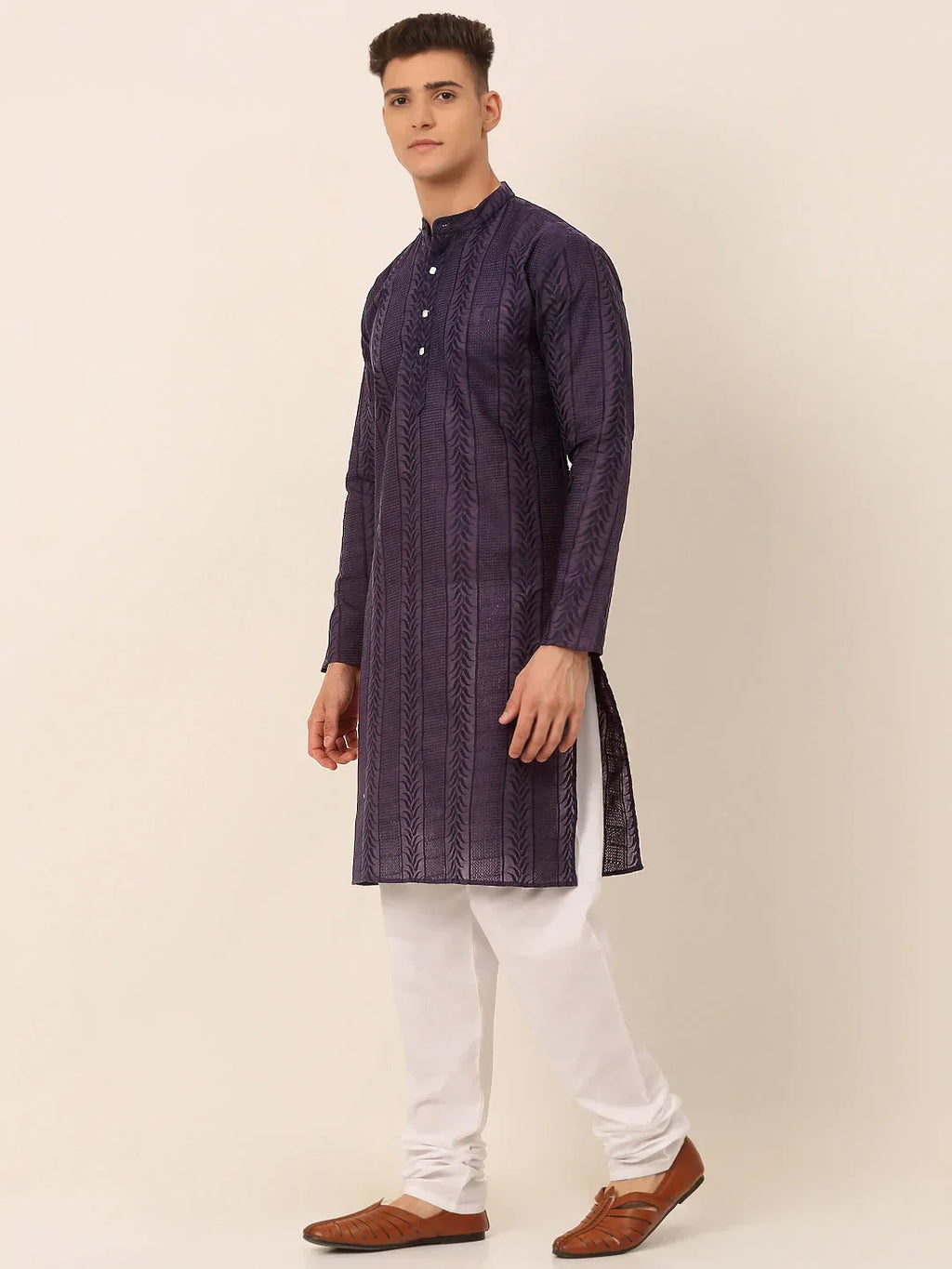 Jompers Men's Pure Cottom Embroidered Kurta Pyjama Set - Navy Blue | Grocsy