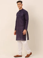 Jompers Men's Pure Cottom Embroidered Kurta Pyjama Set - Navy Blue | Grocsy