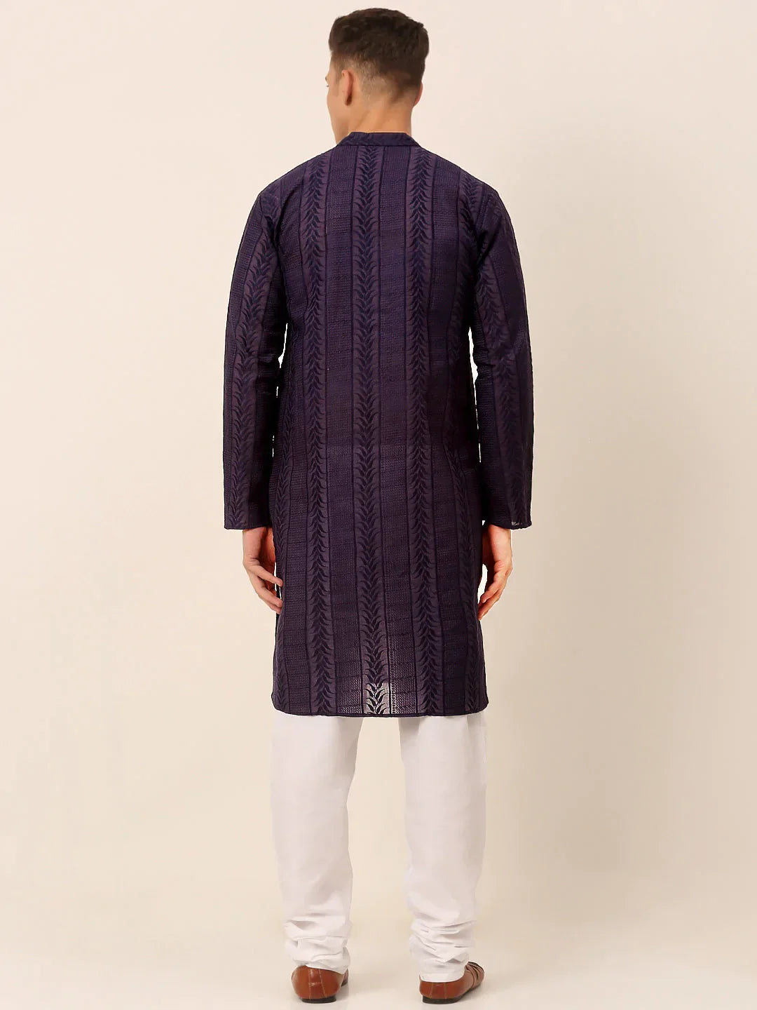 Jompers Men's Pure Cottom Embroidered Kurta Pyjama Set - Navy Blue | Grocsy
