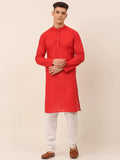 Jompers Men's Pure Cottom Embroidered Kurta Pyjama Set - Red | Grocsy
