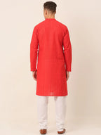 Jompers Men's Pure Cottom Embroidered Kurta Pyjama Set - Red | Grocsy