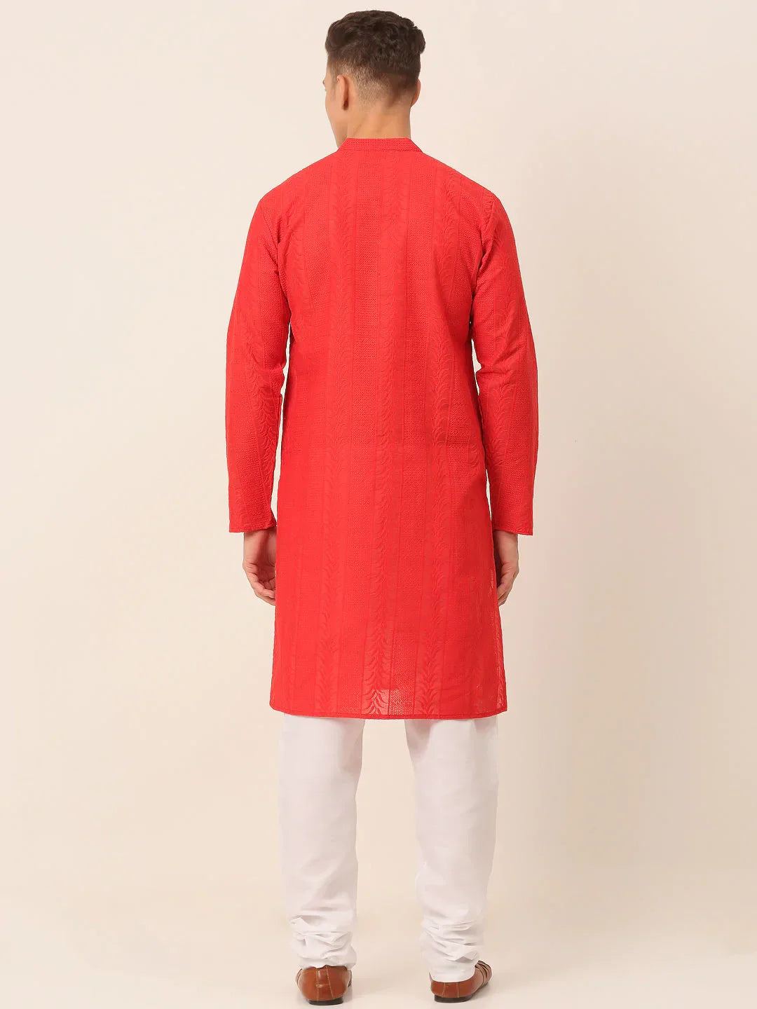 Jompers Men's Pure Cottom Embroidered Kurta Pyjama Set - Red | Grocsy