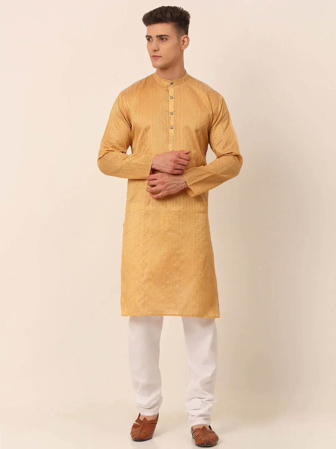 Jompers Men's Silk Blend Sequence Embroidered Kurta Pyjama Set - Beige | Grocsy