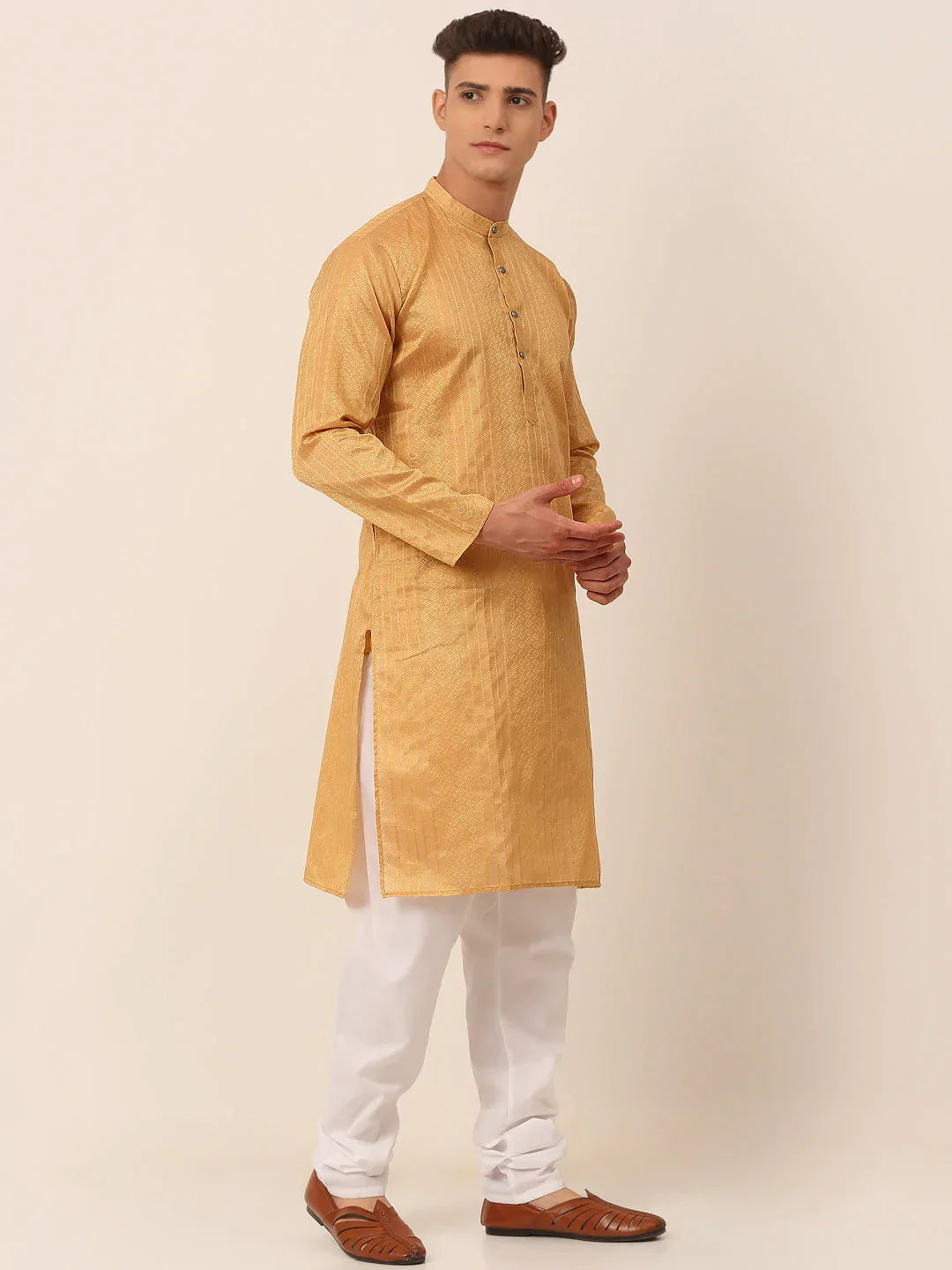 Jompers Men's Silk Blend Sequence Embroidered Kurta Pyjama Set - Beige | Grocsy