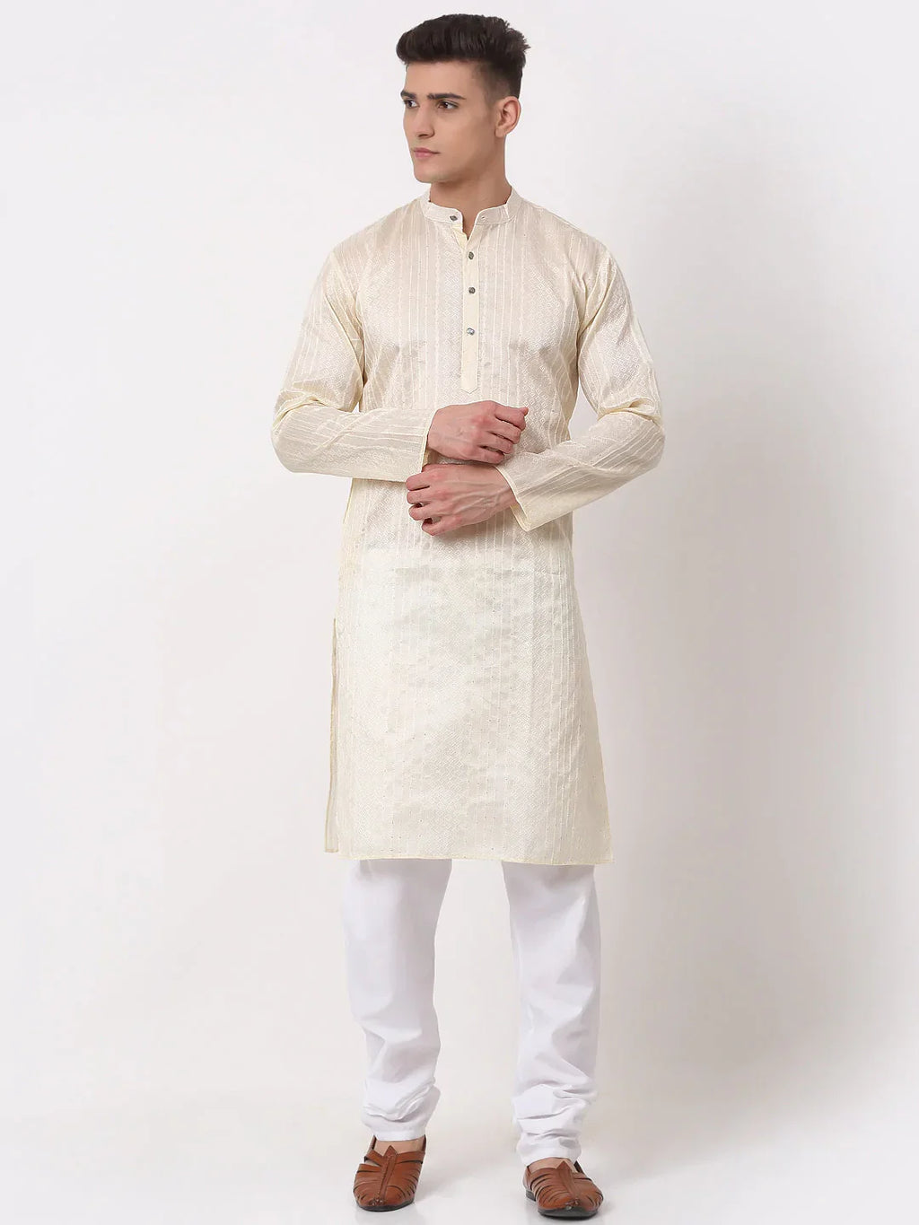 Jompers Men's Silk Blend Sequence Embroidered Kurta Pyjama Set - Cream | Grocsy