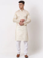 Jompers Men's Silk Blend Sequence Embroidered Kurta Pyjama Set - Cream | Grocsy
