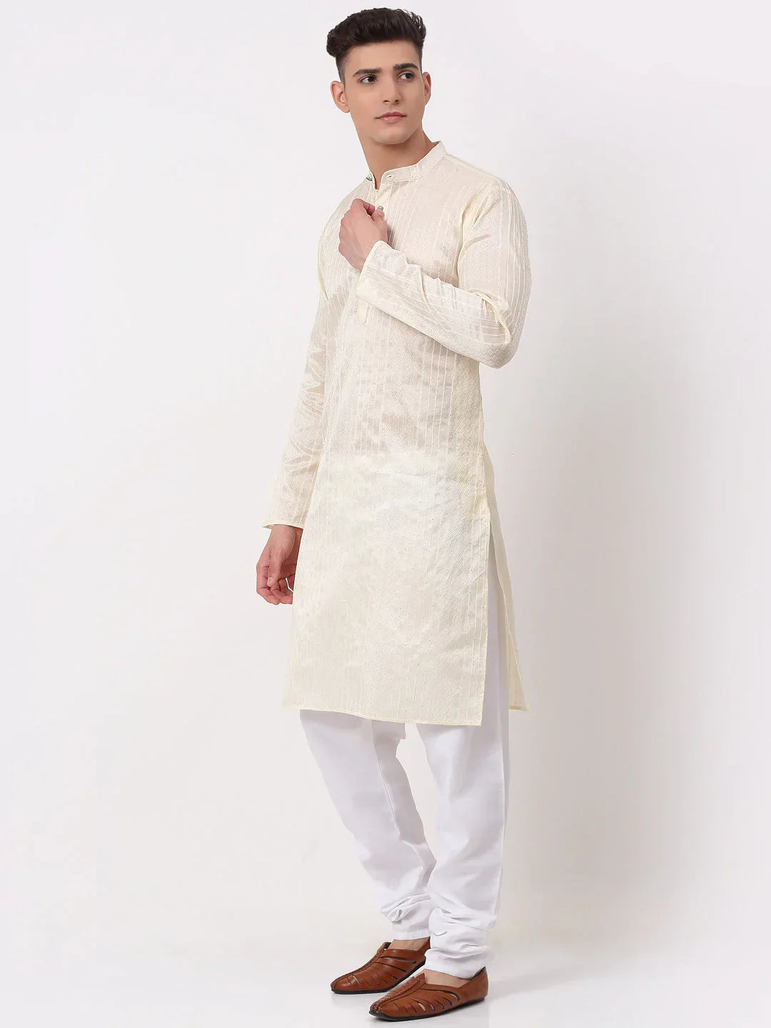 Jompers Men's Silk Blend Sequence Embroidered Kurta Pyjama Set - Cream | Grocsy