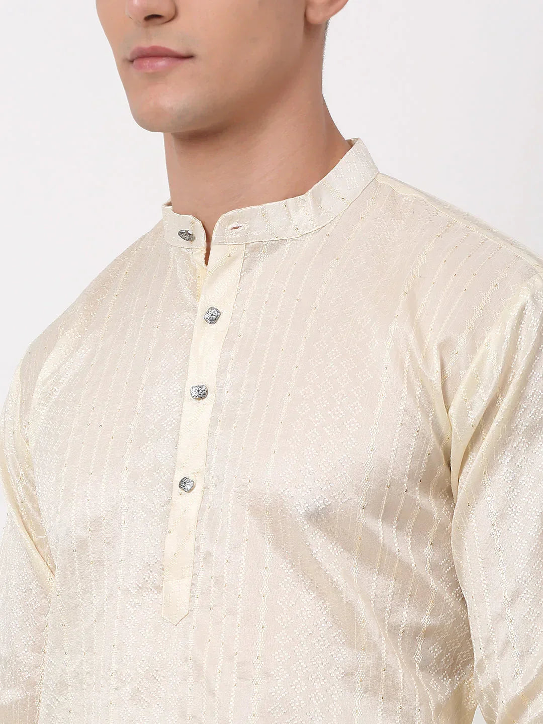 Jompers Men's Silk Blend Sequence Embroidered Kurta Pyjama Set - Cream | Grocsy