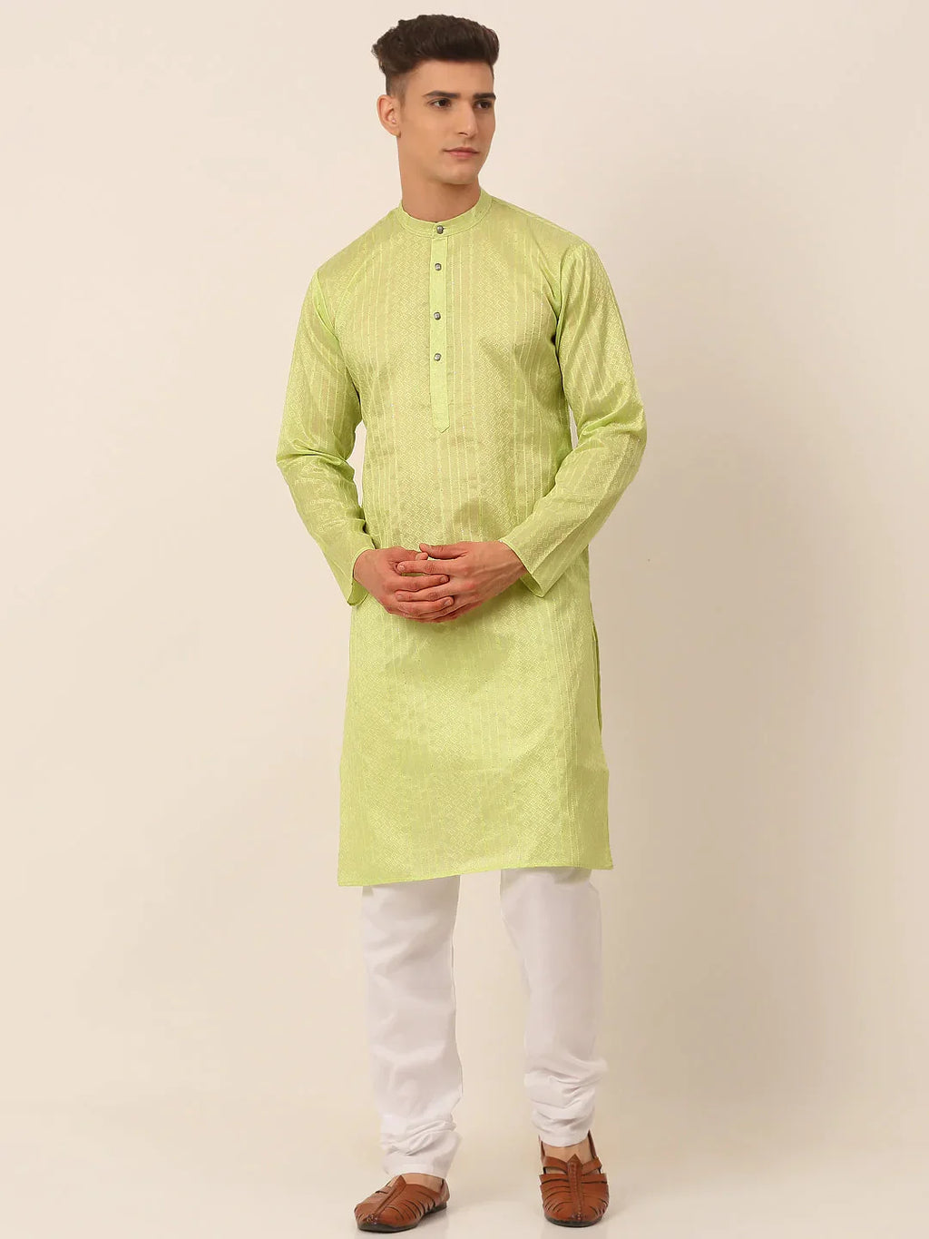Jompers Men's Silk Blend Sequence Embroidered Kurta Pyjama Set - Green | Grocsy