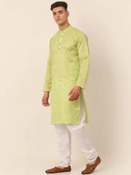Jompers Men's Silk Blend Sequence Embroidered Kurta Pyjama Set - Green | Grocsy