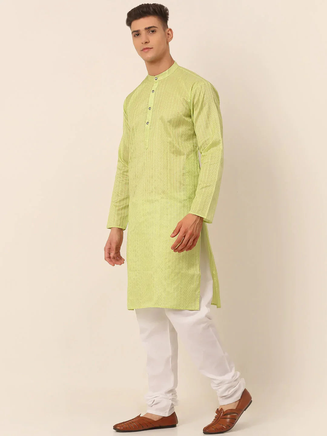 Jompers Men's Silk Blend Sequence Embroidered Kurta Pyjama Set - Green | Grocsy