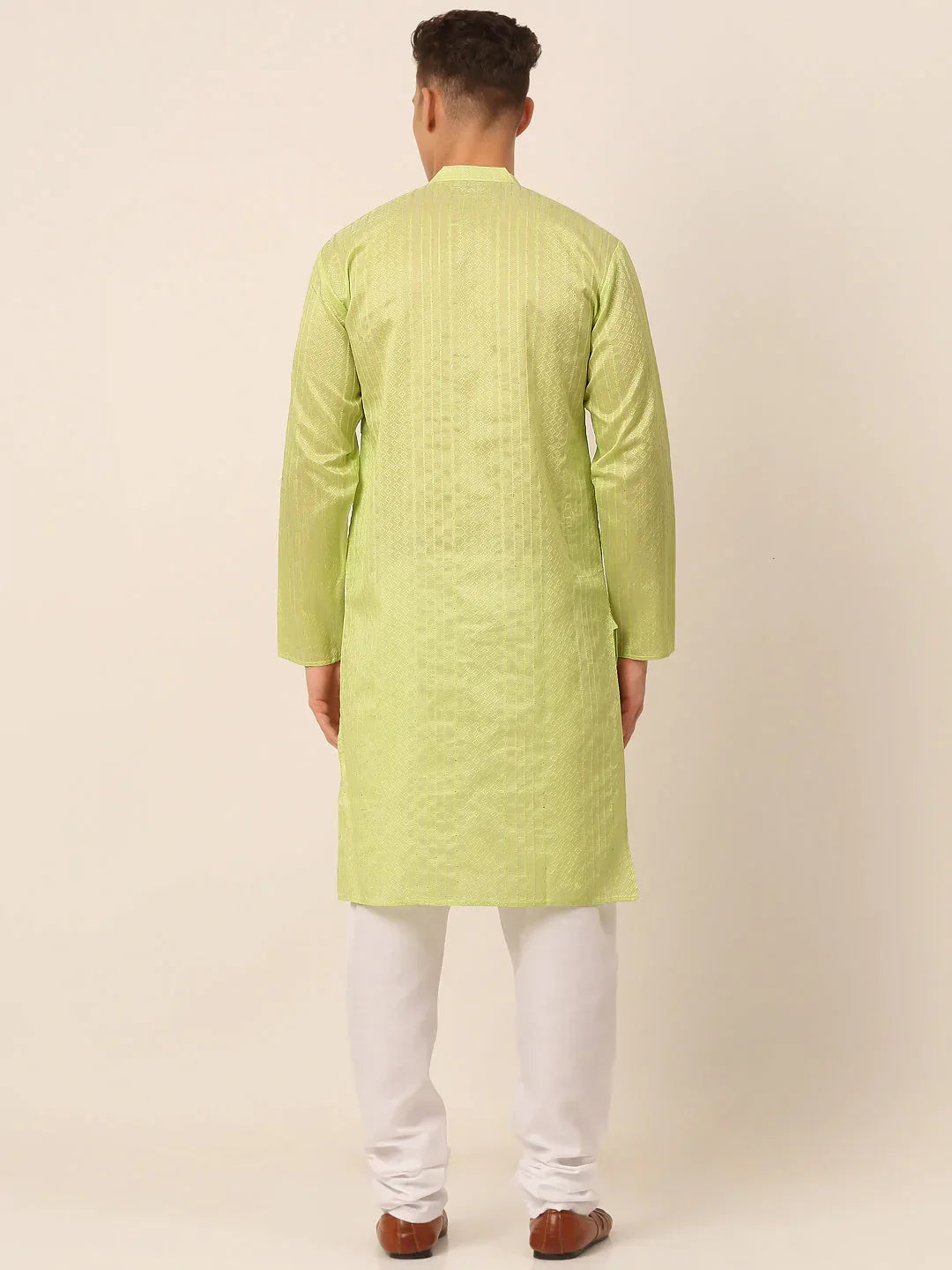 Jompers Men's Silk Blend Sequence Embroidered Kurta Pyjama Set - Green | Grocsy
