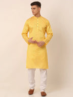 Jompers Men's Silk Blend Sequence Embroidered Kurta Pyjama Set - Yellow | Grocsy