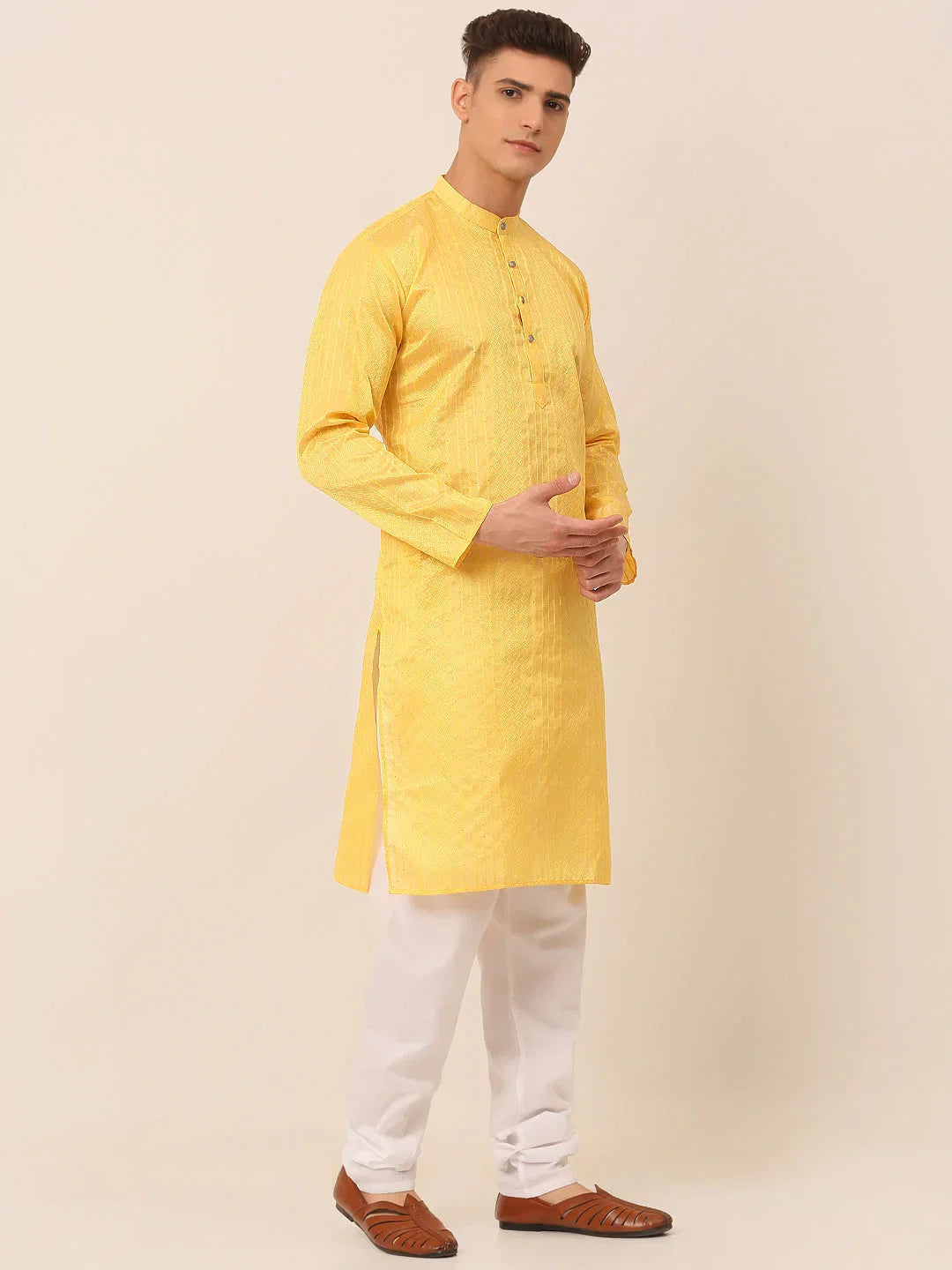 Jompers Men's Silk Blend Sequence Embroidered Kurta Pyjama Set - Yellow | Grocsy