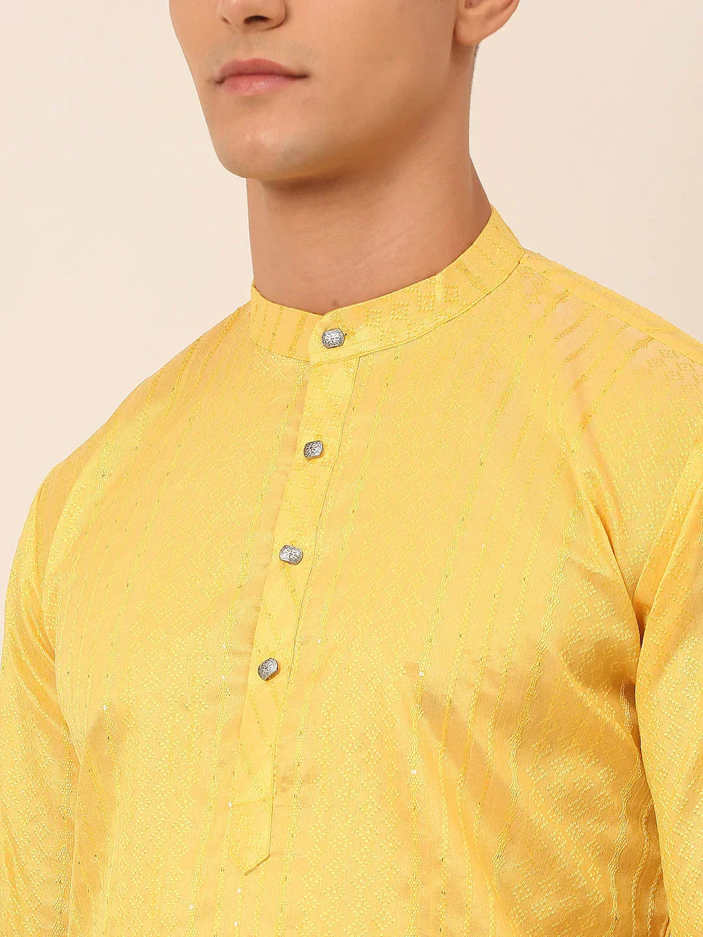 Jompers Men's Silk Blend Sequence Embroidered Kurta Pyjama Set - Yellow | Grocsy