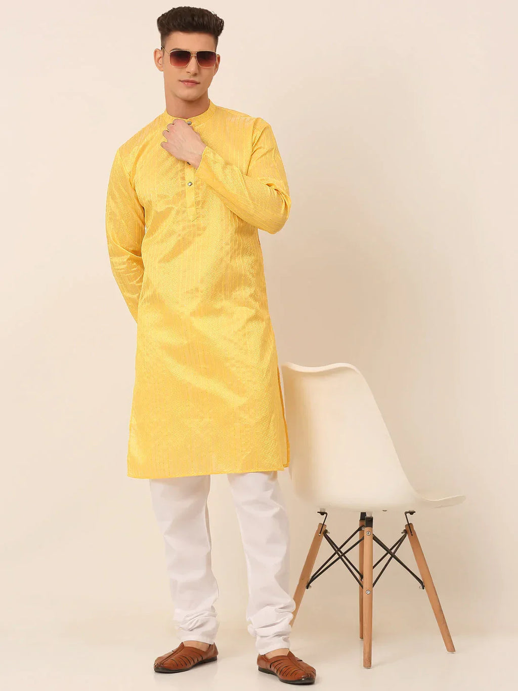 Jompers Men's Silk Blend Sequence Embroidered Kurta Pyjama Set - Yellow | Grocsy