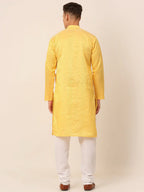 Jompers Men's Silk Blend Sequence Embroidered Kurta Pyjama Set - Yellow | Grocsy