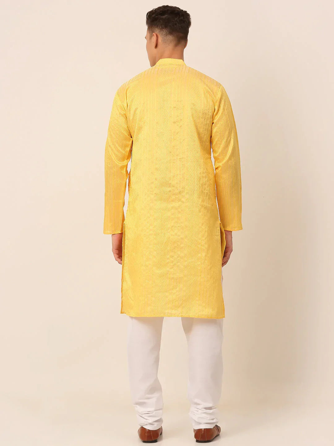 Jompers Men's Silk Blend Sequence Embroidered Kurta Pyjama Set - Yellow | Grocsy