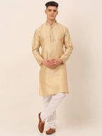 Jompers Men's Silk Blend Collar Embroidered Kurta Pyjama Set - Beige | Grocsy