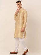 Jompers Men's Silk Blend Collar Embroidered Kurta Pyjama Set - Beige | Grocsy