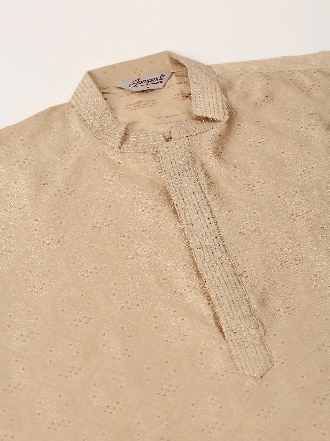 Jompers Men's Silk Blend Collar Embroidered Kurta Pyjama Set - Beige | Grocsy