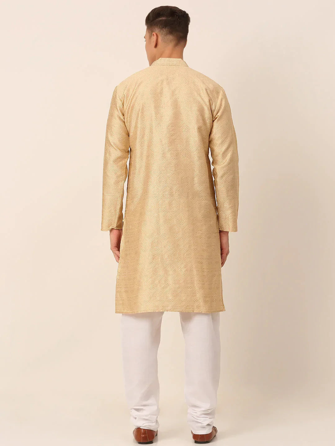 Jompers Men's Silk Blend Collar Embroidered Kurta Pyjama Set - Beige | Grocsy