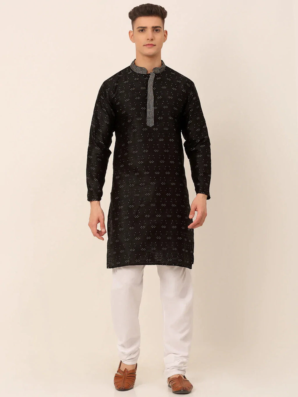 Jompers Men's Silk Blend Collar Embroidered Kurta Pyjama Set - Black | Grocsy