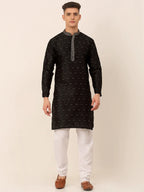 Jompers Men's Silk Blend Collar Embroidered Kurta Pyjama Set - Black | Grocsy