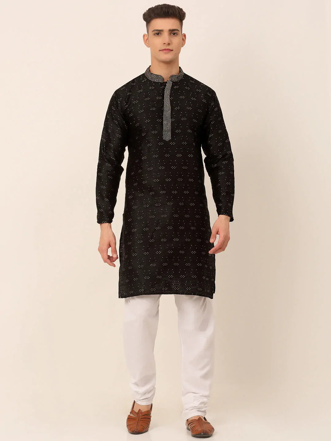Jompers Men's Silk Blend Collar Embroidered Kurta Pyjama Set - Black | Grocsy